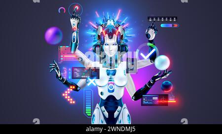 AI in image of female robot works with computer interface. Bot with artificial intelligence. Robot woman with four arms in image of goddess Kali. AI n Stock Vector