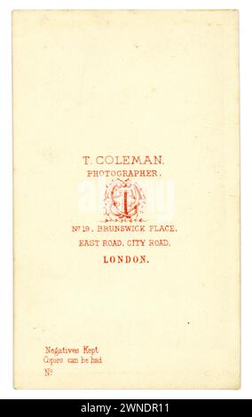 Reverse of original Victorian Carte de Visite (visiting card or CDV) circa 1864 from photographic studio of Coleman of No 19 Brunswick Place, East Rd, London Stock Photo