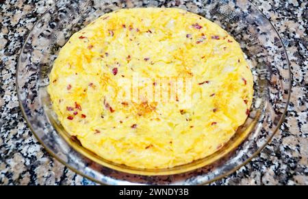 Potato omelette or Spanish omelette on cloth tablecloth Stock Photo