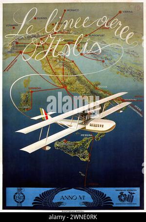 'Le linee aeree italiane ANNO VI' ['The Italian air lines YEAR VI'] Vintage Italian Advertising showing a map of Italy with air routes and a biplane. The poster features a detailed map with an overlay of flight paths, rendered in a style that combines realism with decorative artistry. Stock Photo