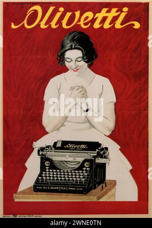 'Olivetti' Vintage Italian Advertising featuring a woman admiring an Olivetti typewriter. The artwork is detailed and realistic, with a focus on the typewriter as a symbol of modernity and efficiency in the 1920s. Stock Photo