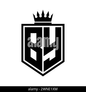 BY Letter Logo monogram bold shield geometric shape with crown outline black and white style design template Stock Photo