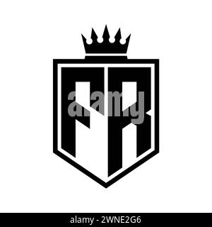 FR Letter Logo monogram bold shield geometric shape with crown outline black and white style design template Stock Photo