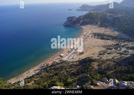 Scenic view of Tsambika Beach from the top of the Holy Monastery of the Virgin Mary, Rhodes Stock Photo