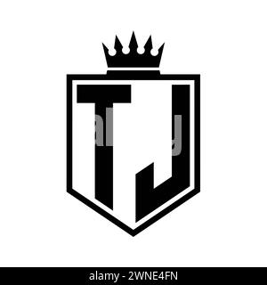 TJ Letter Logo monogram bold shield geometric shape with crown outline black and white style design template Stock Photo