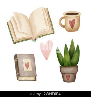 Reading lovers cute hand drawn set. Books and cozy things. Colorful open and closed books, hobby, cups with coffee or tea, home plant. Watercolor. For Stock Photo