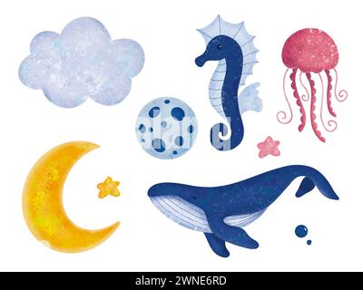 A set of drawings of marine animals dreamy illustration. Whale, sea jelly, sea horse with stars, cloud and moon. Nursery art. World whale day. Perfect Stock Photo