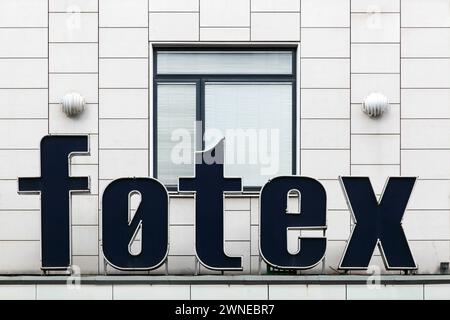 Copenhagen, Denmark - June 9, 2019: Fotex logo on a facade. Fotex is a Danish chain of retail stores Stock Photo