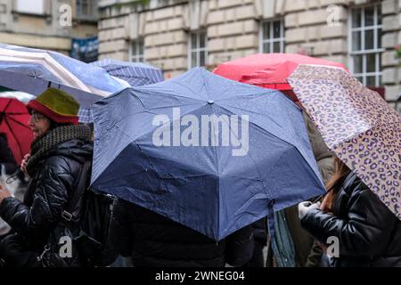 Bristol, UK. 2nd Mar, 2024. Rainy Saturday in Bristol city Centre. Many umbrellas out today. Credit: JMF News/Alamy Live News Stock Photo