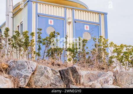 Public toilet for women with two doors sitting on a small hill with large stones and plants in the foreground in South Korea Stock Photo