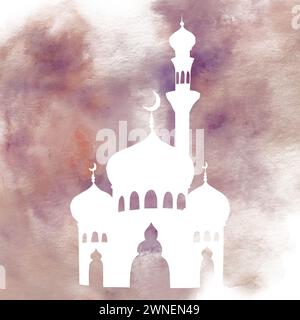 White silhouette of Islamic mosque and minaret with crescent moon illustration isolated on watercolor background. Muslim hand drawn holiday Ramadan Ka Stock Photo