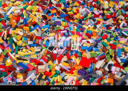 Billund, Denmark - 17 June 2023: Multi-colored plastic Lego brick background Stock Photo