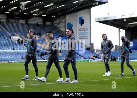 Oxford United players inspect the pitch before the Sky Bet League One match at Fratton Park, Portsmouth. Picture date: Saturday March 2, 2024. Stock Photo