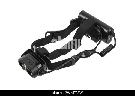 Modern LED headlamp. A flashlight for when you need your hands free. Isolate on a white background. Stock Photo