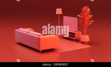 Miniature interior room with sofa, lamp, carpet, plant and TV on red background. Modern minimal concept. 3D render illustration. Stock Photo