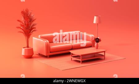 Miniature interior room with sofa, table, lamp, carpet and plant on red background. Modern minimal concept. 3D render illustration. Stock Photo