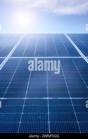 Photovoltaic modules on a sunny day, selective focus. Stock Photo