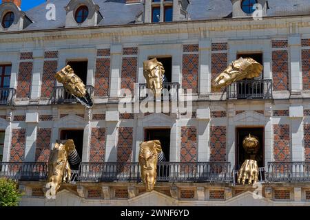 Europe, France, Centre-Val de Loire, Blois, The Robert-Houdin House of Magic with animated Robot Dinosaurs at the Windows (Detail) Stock Photo