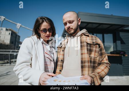 Young business professionals discussing documents in a city environment Stock Photo