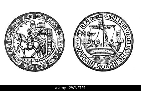 The Great Seal of Dover, 14th century; Black and white illustration from 'Our Own Country' a Descriptive, Historical and Pictorial guide to the UK published in late 1880s by Cassell, Petter, Galpin & Co. Historic pictures of Briatin. Stock Photo