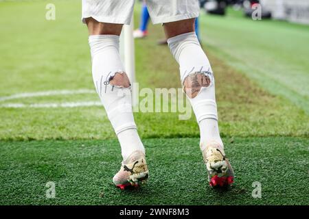 LONDON, UK - 2nd Mar 2024:  The ripped socks of James Maddison of Tottenham Hotspur during the Premier League match between Tottenham Hotspur FC and Crystal Palace FC at Tottenham Hotspur Stadium  (Credit: Craig Mercer/ Alamy Live News) Stock Photo