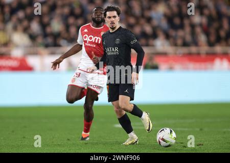 Monaco, Monaco. 1st Mar, 2024. Vitinha of PSG and Youssouf Fofana of AS Monaco during the Ligue 1 match at Stade Louis II, Monaco. Picture credit should read: Jonathan Moscrop/Sportimage Credit: Sportimage Ltd/Alamy Live News Stock Photo