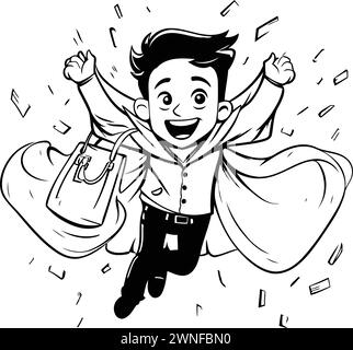 Superhero Businessman Jumping Over Confetti - Black and White Cartoon Illustration. Vector Stock Vector