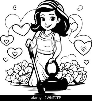 Cute little girl playing maracas. Cartoon vector illustration for coloring book. Stock Vector
