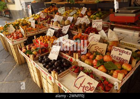 Sorrento, Italy - may 20, 2014  - Fresh fruits and vegetables to sale in street market on Sorrento, the Amalfi Coast, mediterranean sea,  Italy Stock Photo