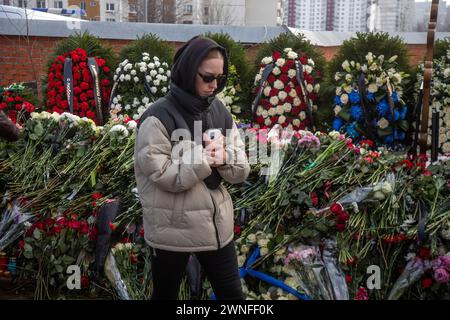 Moscow, Russia. 2nd of March, 2024. People visit the grave of Russian opposition leader Alexei Navalny at the Borisovo cemetery in Moscow, the next day after Navalny's funeral, Russia. Credit: Nikolay Vinokurov/Alamy Live News Stock Photo