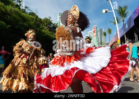 Salvador, Bahia, Brazil - February 03, 2024: Cultural group performs during the Fuzue pre-carnival in the city of Salvador, Bahia. Stock Photo