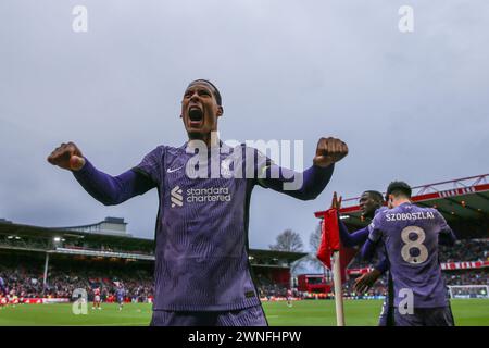 Virgil van Dijk of Liverpool celebrates his side's goal to make it 0-1 during the Premier League match Nottingham Forest vs Liverpool at City Ground, Nottingham, United Kingdom, 2nd March 2024  (Photo by Gareth Evans/News Images) Stock Photo