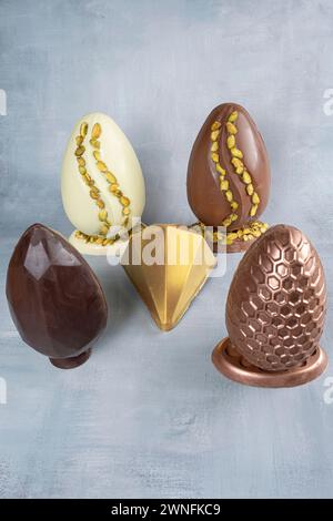 Assorted Easter eggs with pistachios, milk and dark chocolate 2. Stock Photo