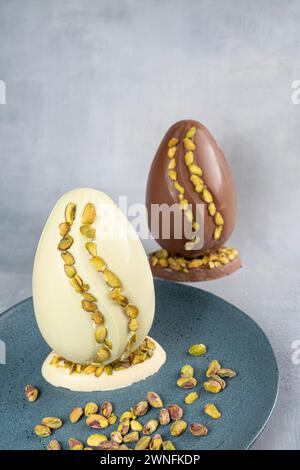 Assorted Easter eggs with pistachios, milk and dark chocolate 7. Stock Photo