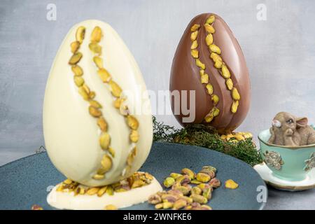 Assorted Easter eggs with pistachios, milk and dark chocolate 9. Stock Photo