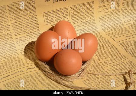 May 25, 2023, Photo of 3 chicken eggs arranged with copyspace for template, Wonosobo, Indonesia Stock Photo