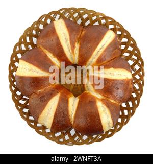Freshly baked traditional German laugenbrot. Bavarian homemade pretzel rolls lye bread, close-up, isolated on white background. Stock Photo
