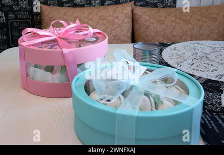 Zephyr in boxes. Boxes tied with ribbon. Stock Photo