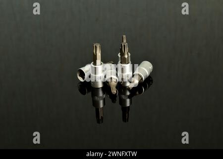 Screwdriver bits of different sizes, configurations and purposes on a dark background. Stock Photo
