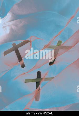 Surreal image of Good Friday & Easter celebration shows empty crosses, blue sky with clouds, and space for text message. Christian faith in pastel. Stock Photo