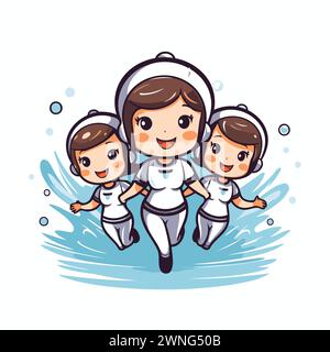 Astronaut family running in the sea. Cartoon vector illustration. Stock Vector