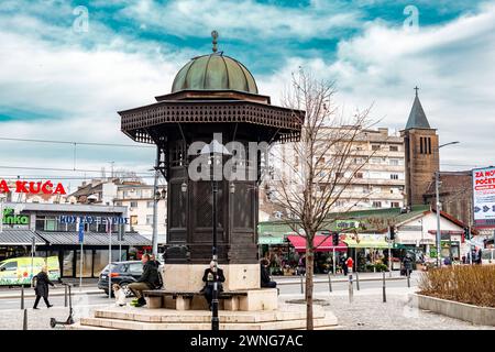 Belgrade, Serbia - 8 FEB 2024: Sebilj Cesma, a replika of Sarajevo Sebilj and Bursa Sebil Brotherhood fountain, located in Skadarlija Bohemian quarter Stock Photo