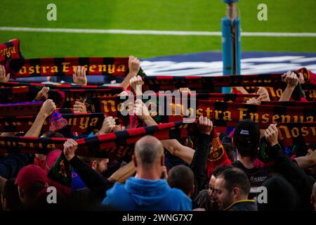 FANS, BARCELONA FC, 2019: The passionate Culers fans of Barcelona at Camp Nou celebrate an easy win over a title rival. Barcelona FC v Sevilla FC at Camp Nou, Barcelona on 5 April 2017. Photo: Rob Watkins. Barca won the game 3-0 with three goals in the first 33 minutes. The game was played in a deluge of rain during a massive storm. Stock Photo