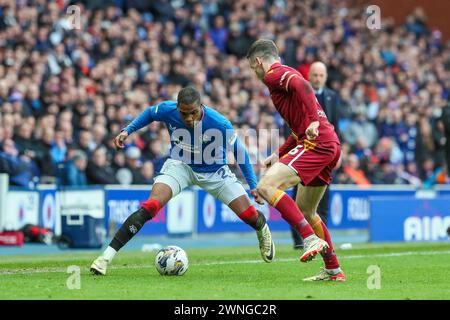 Glasgow, UK. 2nd Mar, 2024. Rangers FC play Motherwell FC at Ibrox Stadium, Glasgow, Scotland, UK in a Scottish Premiership league match. Rangers are currently 2 points clear of their nearest rivals, Celtic, so a win for them is essential to keep their position in the league. Motherwell are 8th in the league. Credit: Findlay/Alamy Live News Stock Photo