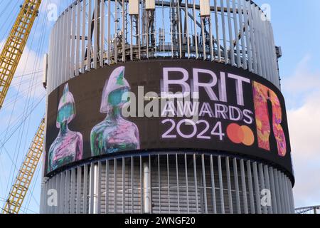 London, UK. 2nd March 2024. Adverts of The Brit Awards 2024 displays on LED screen, The O2 Arena, Greenwich London.Credit: Xiu Bao/Alamy Live News. Stock Photo