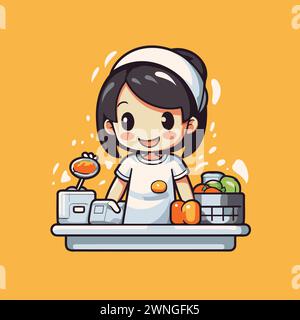Cute little girl weighing fruits and vegetables on scale. Vector illustration. Stock Vector