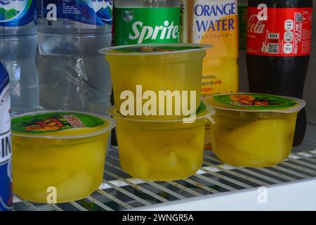 June 15 2023, Canned and bottled drinks that look fresh in the fridge, Wadaslintang, Wonosobo Stock Photo