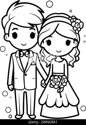 Black and White Cartoon Illustration of Bride and Groom for Coloring Book Stock Vector