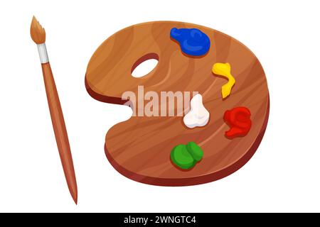 Wood pallette for paint with paintbrush, painters equipment for using and mixing colors isolated on white background. Vector illustration Stock Vector