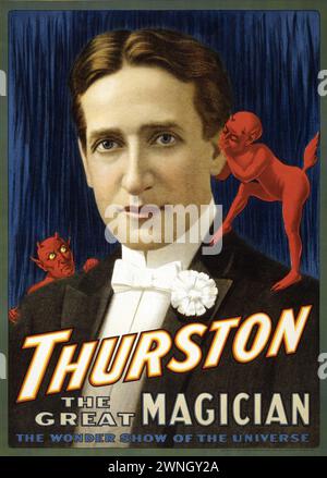 Poster of Howard Thurston, bearing the text 'Thurston the Great Magician' and 'The Wonder Show of the Universe'. Shows him with little devils on his shoulder. 1914 Stock Photo